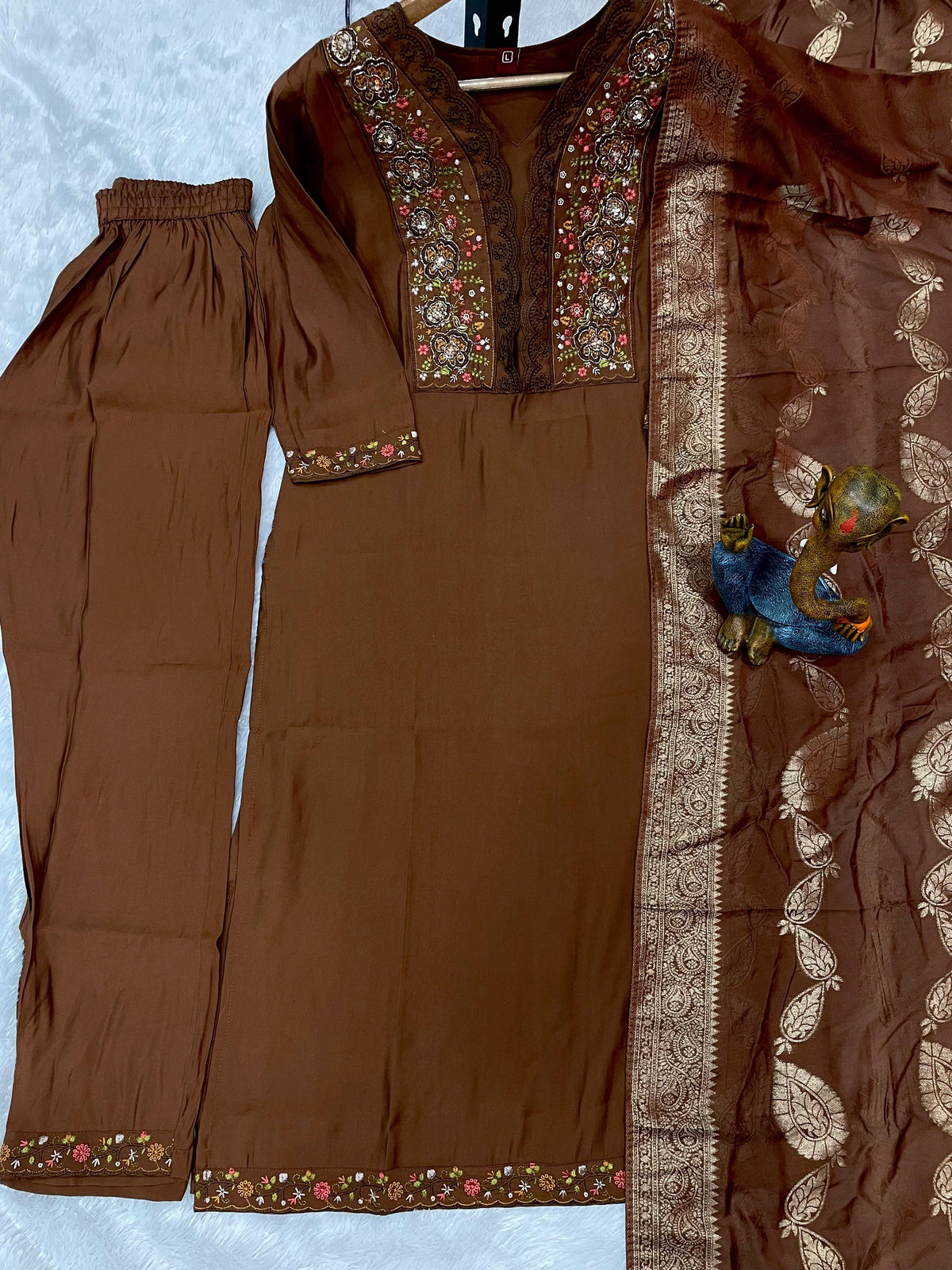 Coffee Brown Roman Silk Embroidered Kurti Pant Dupatta Set