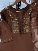 Coffee Brown Roman Silk Embroidered Kurti Pant Dupatta Set