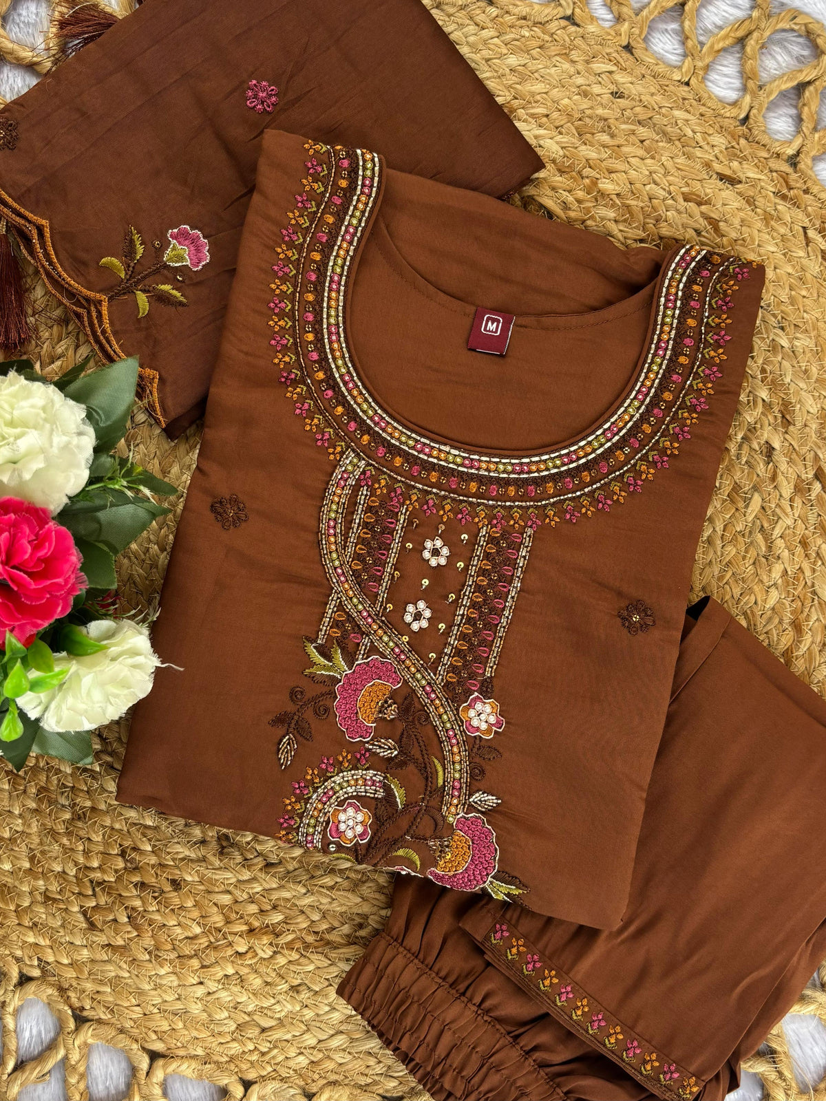 Mustard Roman Silk Kurti Pant Set