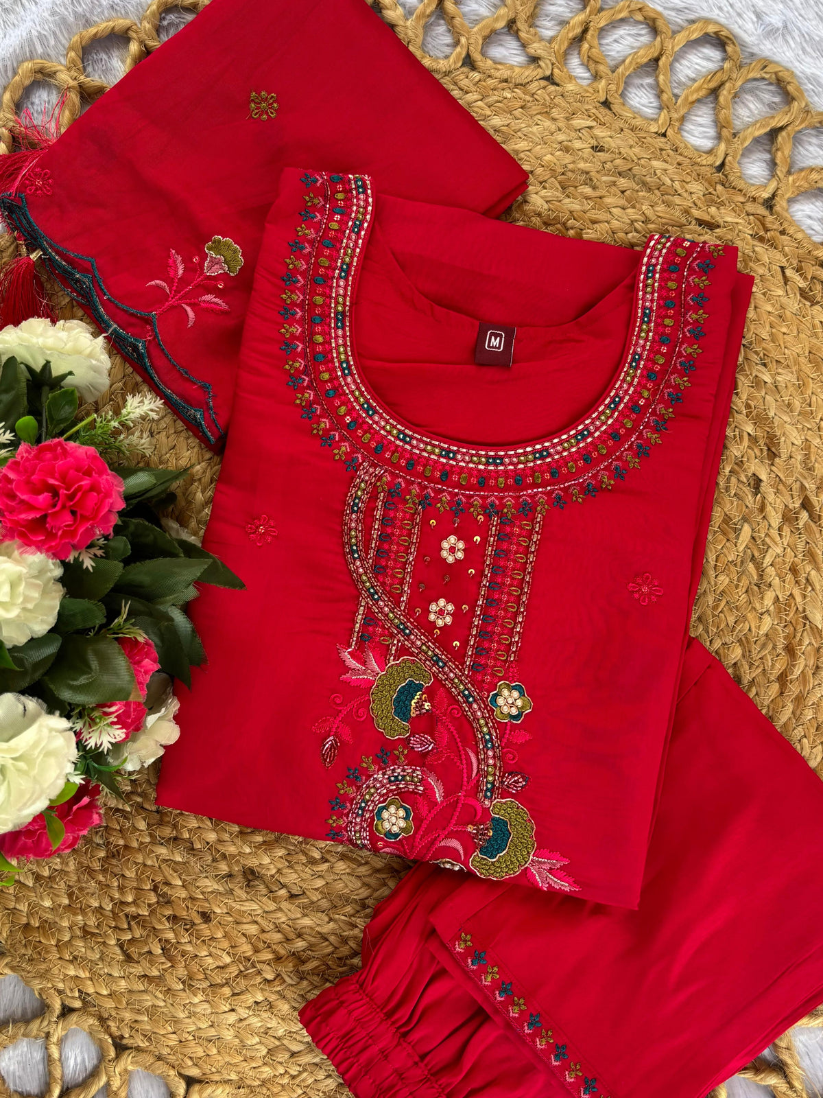 Pink Roman Silk Kurti Pant Set