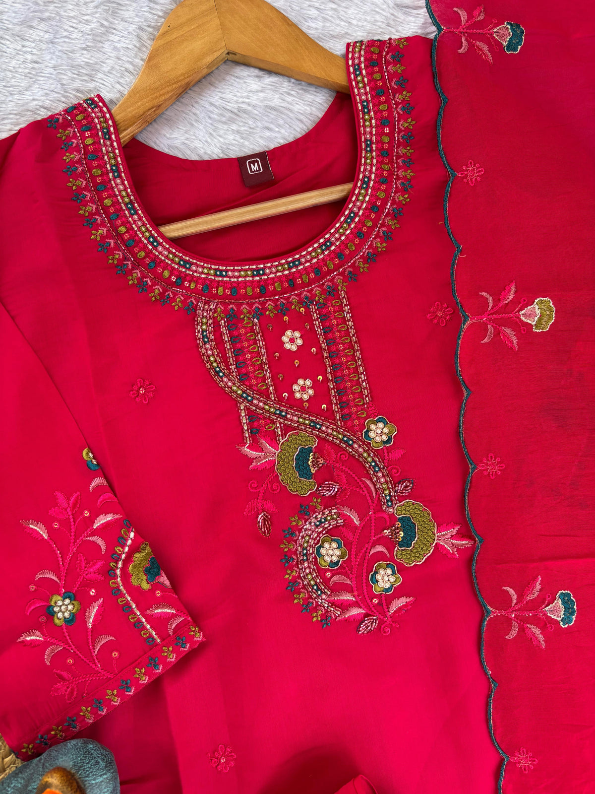 Pink Roman Silk Kurti Pant Set