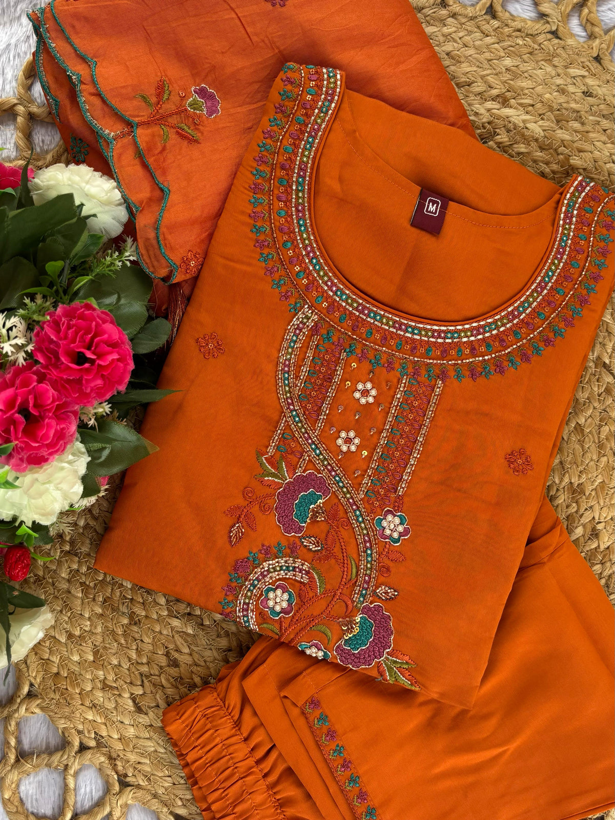 Orange Roman Silk Kurti Pant Set