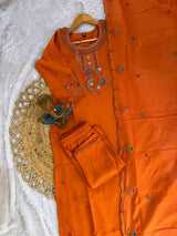 Orange Roman Silk Kurti Pant Set