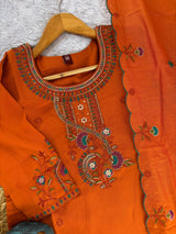 Orange Roman Silk Kurti Pant Set