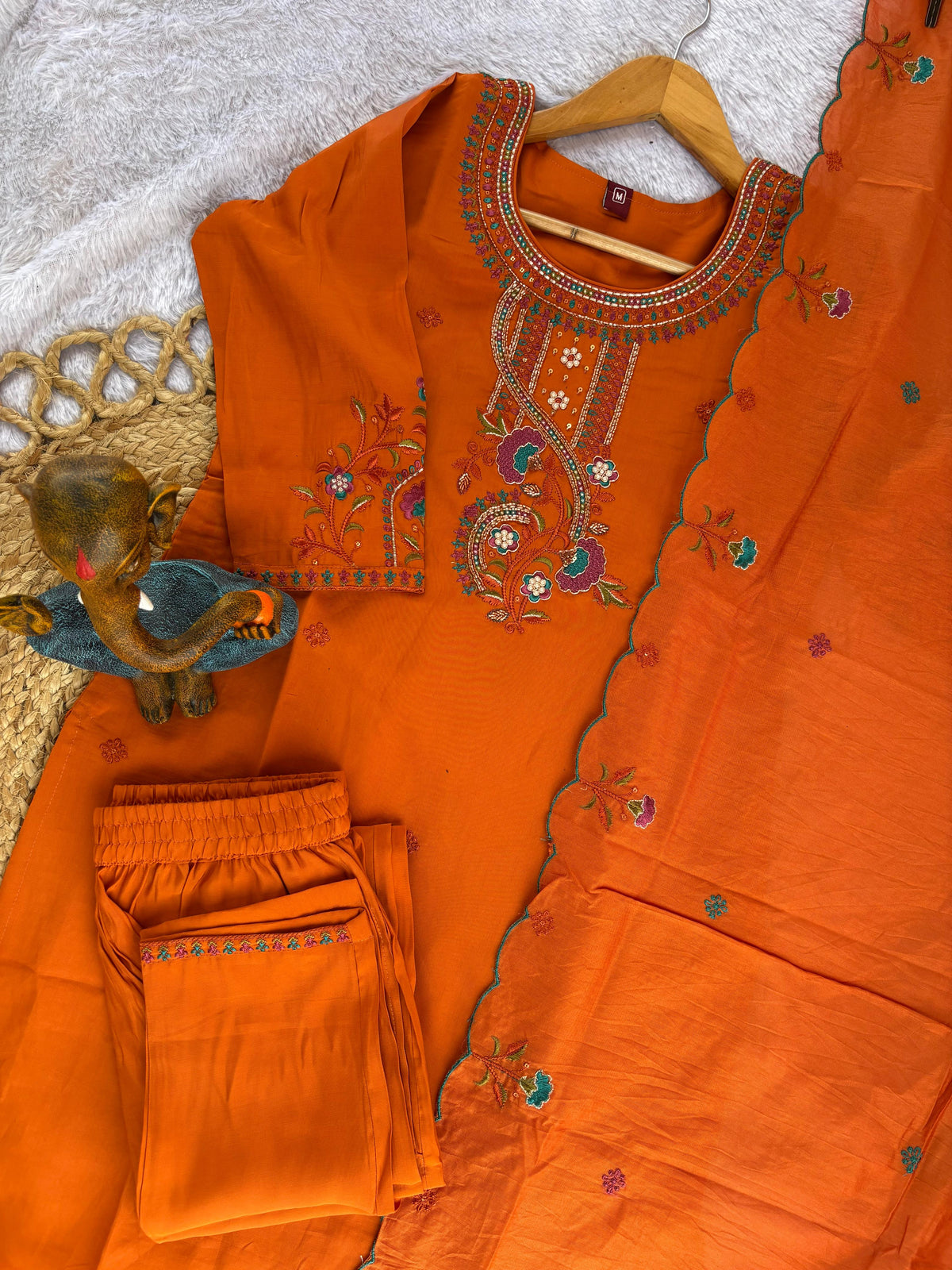 Orange Roman Silk Kurti Pant Set