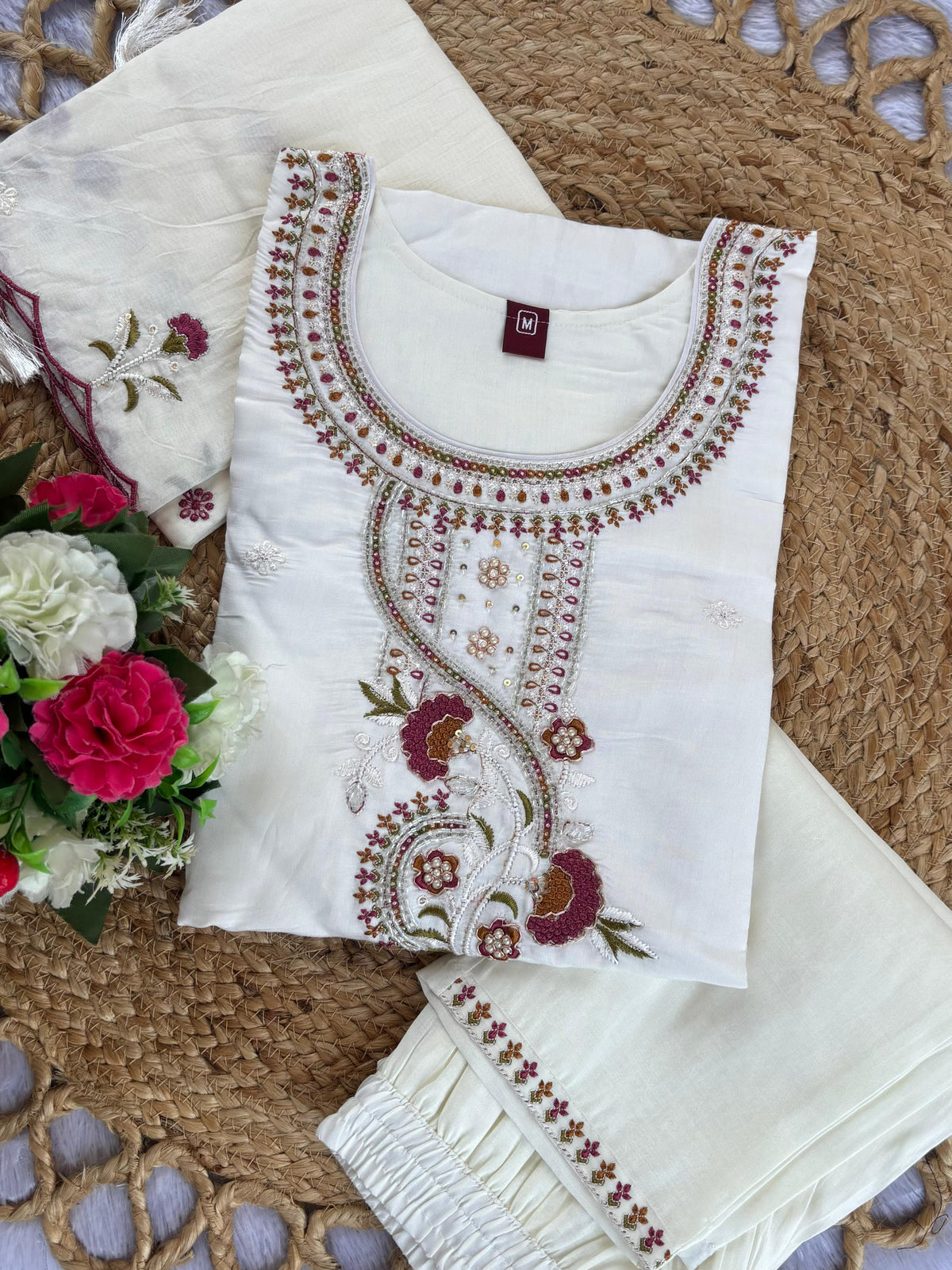 White Roman Silk Kurti Pant Set