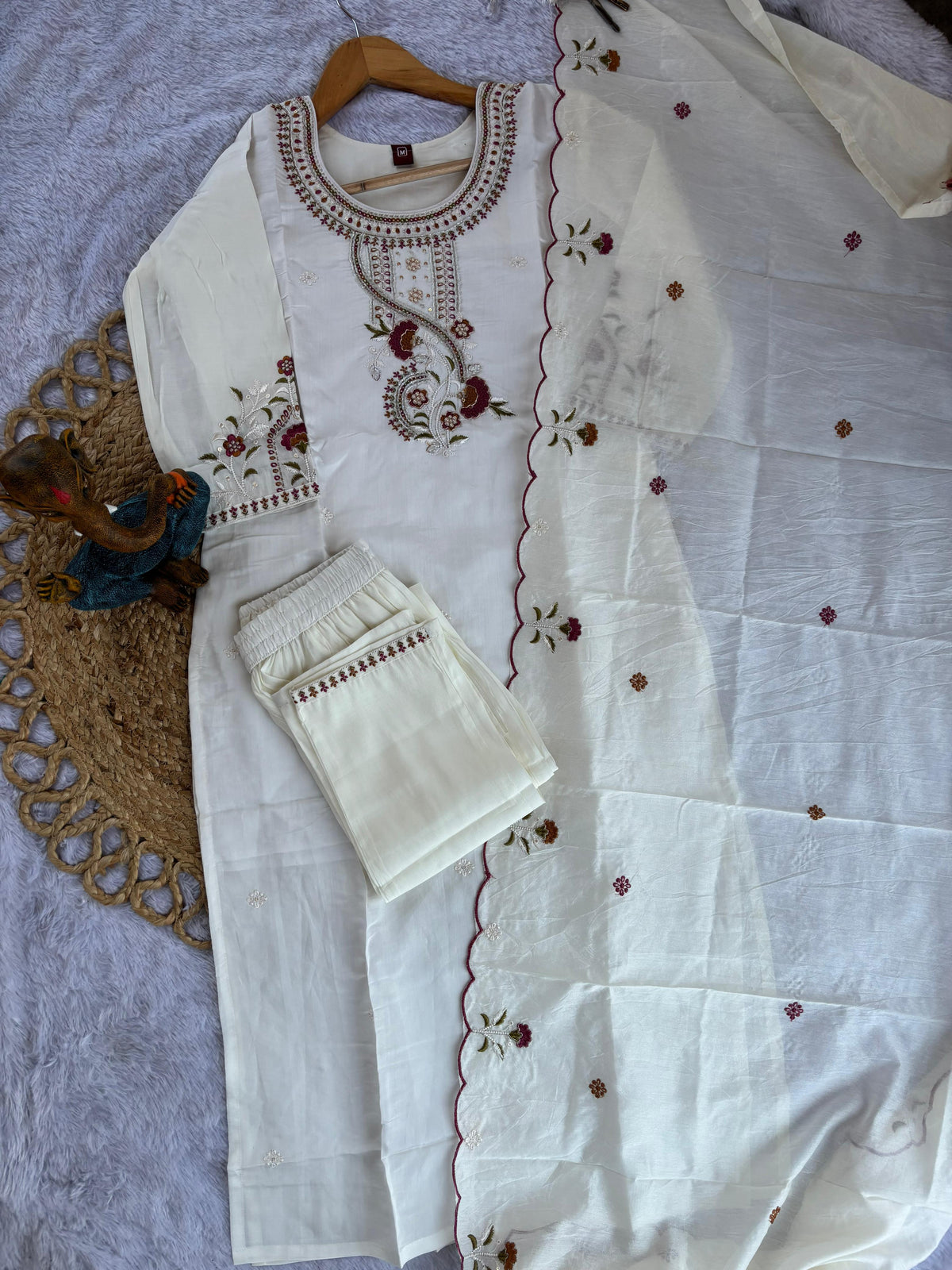 White Roman Silk Kurti Pant Set