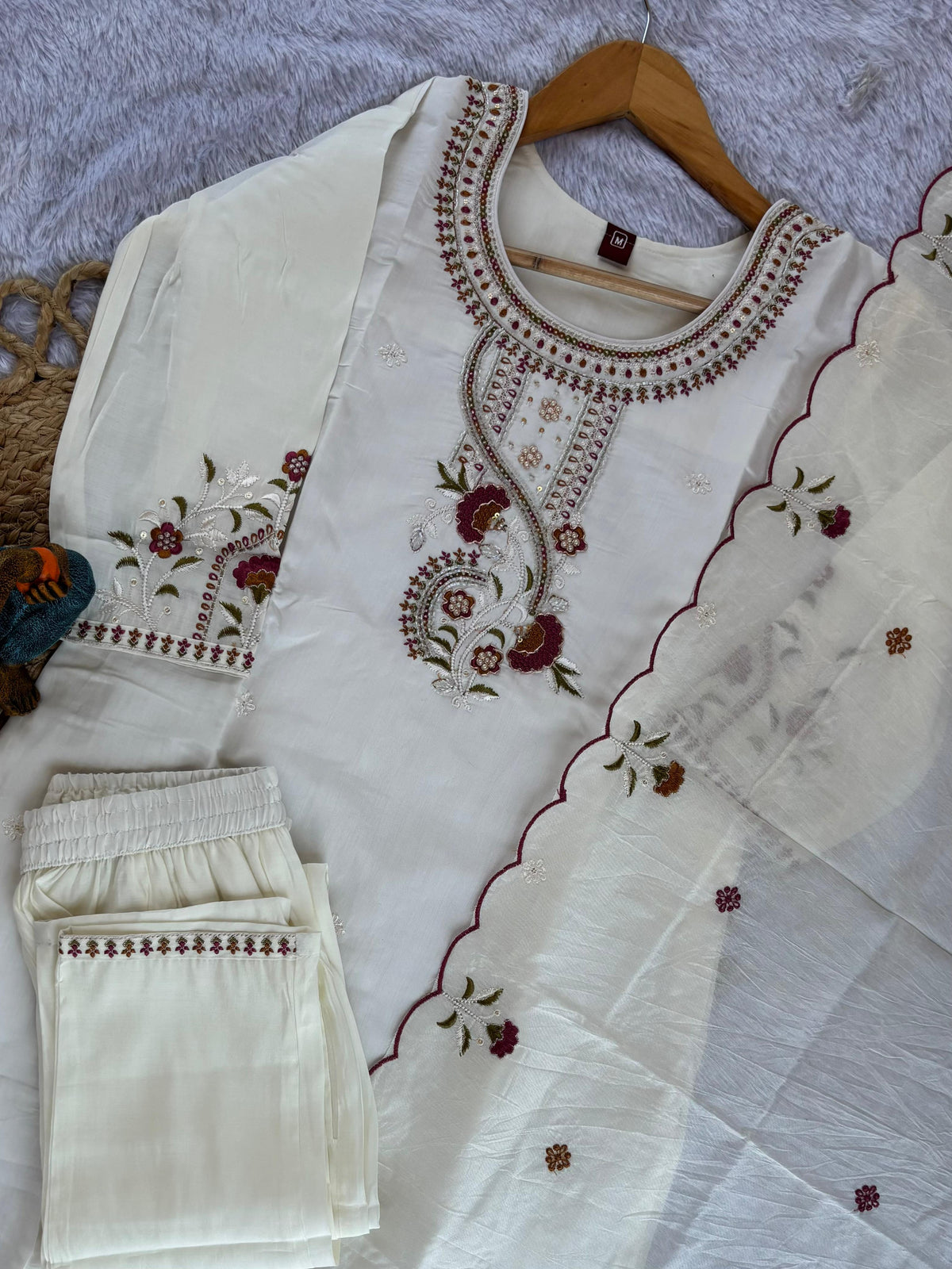 White Roman Silk Kurti Pant Set