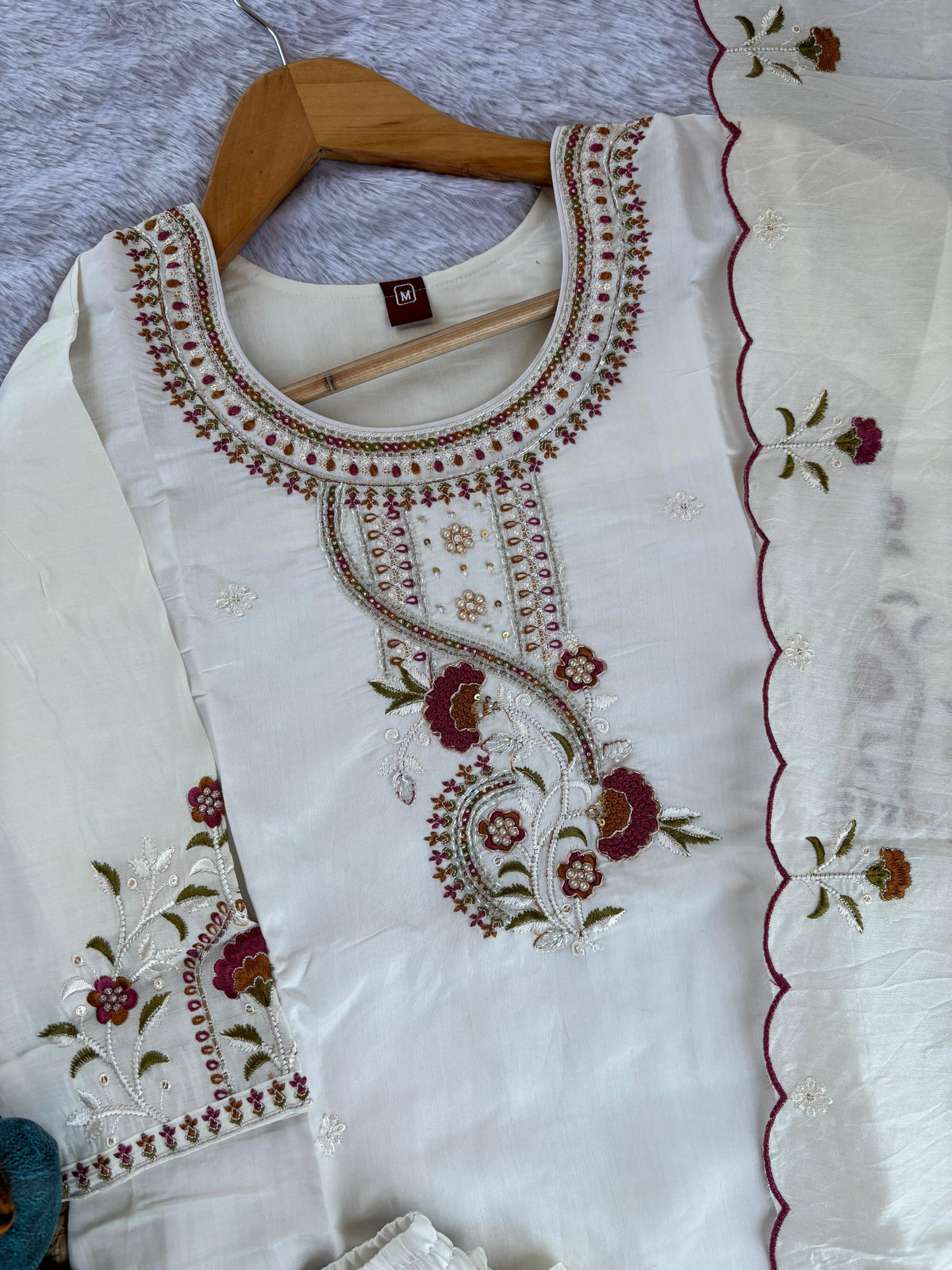 White Roman Silk Kurti Pant Set