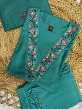Elegant Sea Green Embroidered Viscose Marina Silk Kurti Pant Dupatta Set