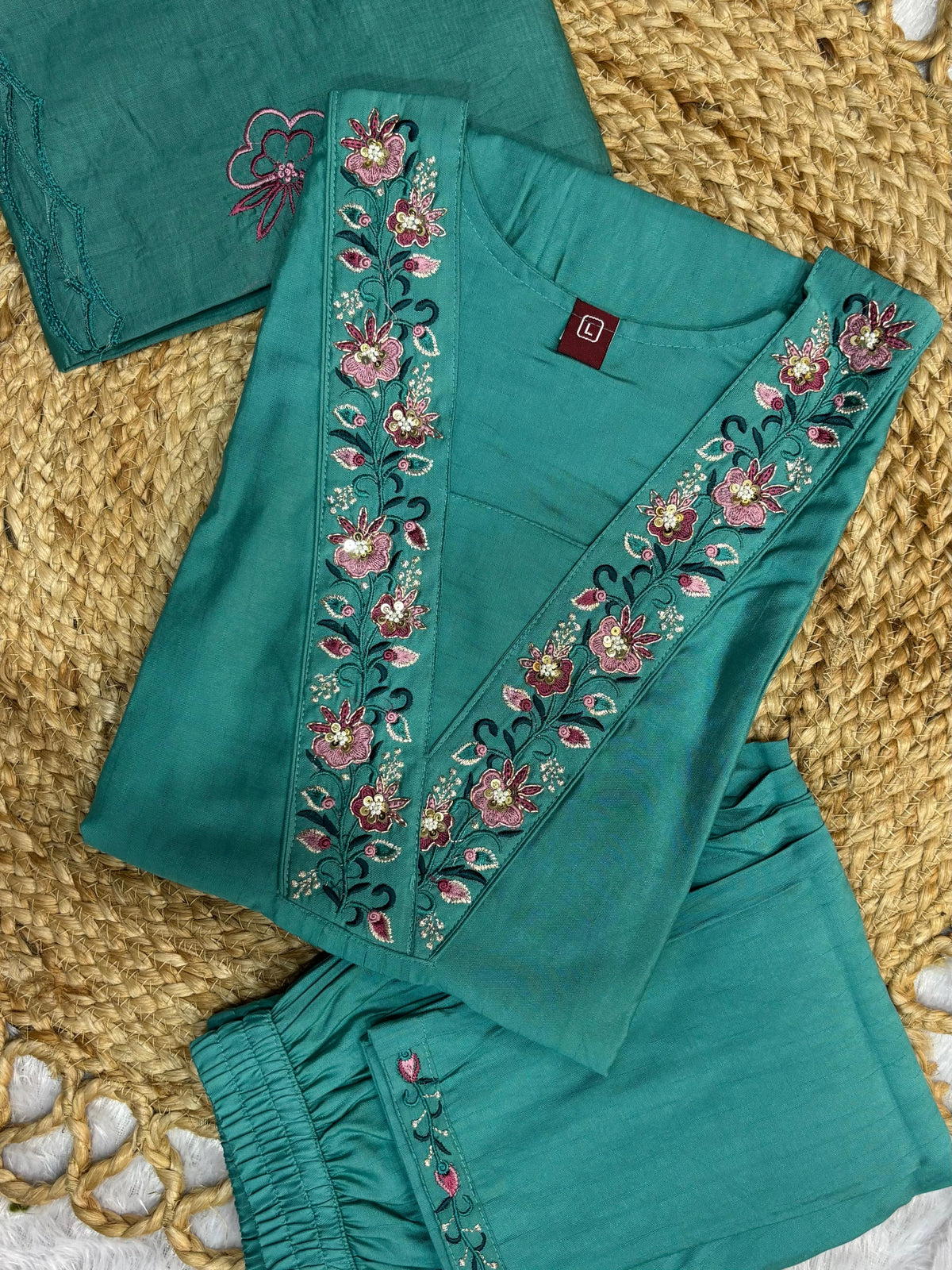 Elegant Sea Green Embroidered Viscose Marina Silk Kurti Pant Dupatta Set