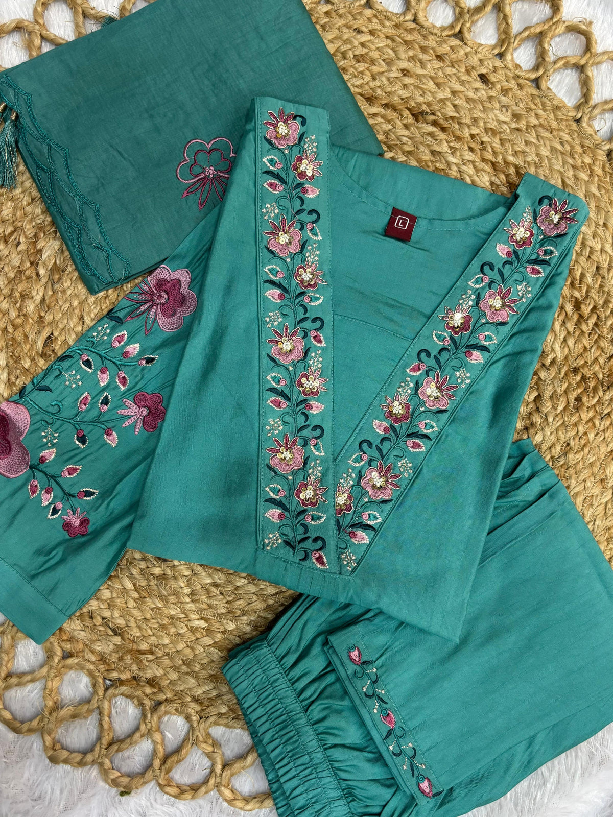 Elegant Sea Green Embroidered Viscose Marina Silk Kurti Pant Dupatta Set