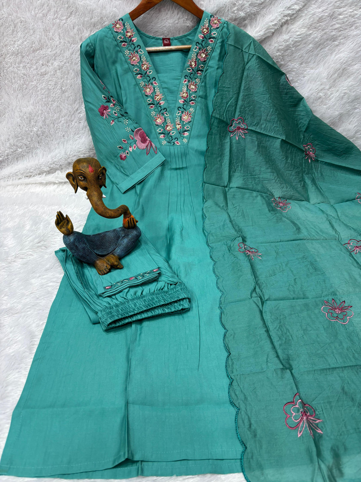 Elegant Sea Green Embroidered Viscose Marina Silk Kurti Pant Dupatta Set