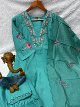 Elegant Sea Green Embroidered Viscose Marina Silk Kurti Pant Dupatta Set