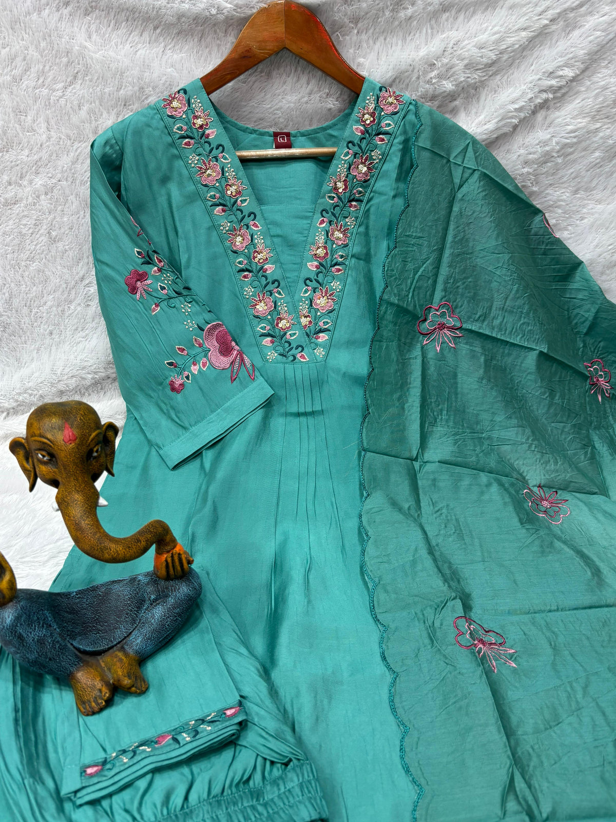 Elegant Sea Green Embroidered Viscose Marina Silk Kurti Pant Dupatta Set