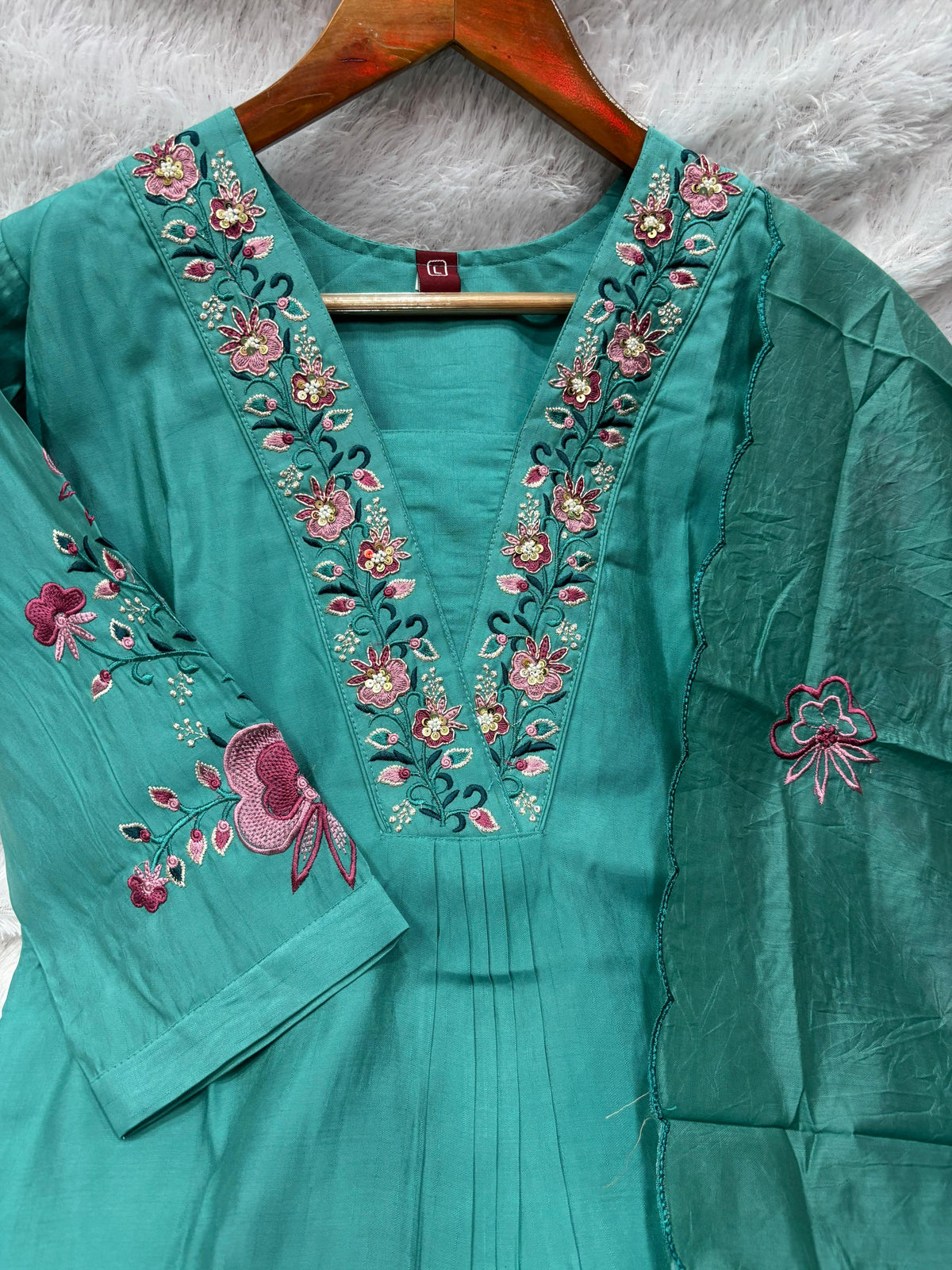 Elegant Sea Green Embroidered Viscose Marina Silk Kurti Pant Dupatta Set