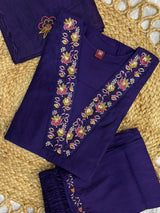 Elegant Royal Purple Embroidered Viscose Marina Silk Kurti Pant Dupatta Set
