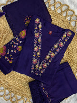 Elegant Royal Purple Embroidered Viscose Marina Silk Kurti Pant Dupatta Set