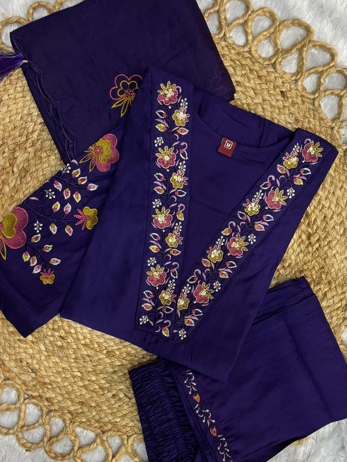 Elegant Royal Purple Embroidered Viscose Marina Silk Kurti Pant Dupatta Set