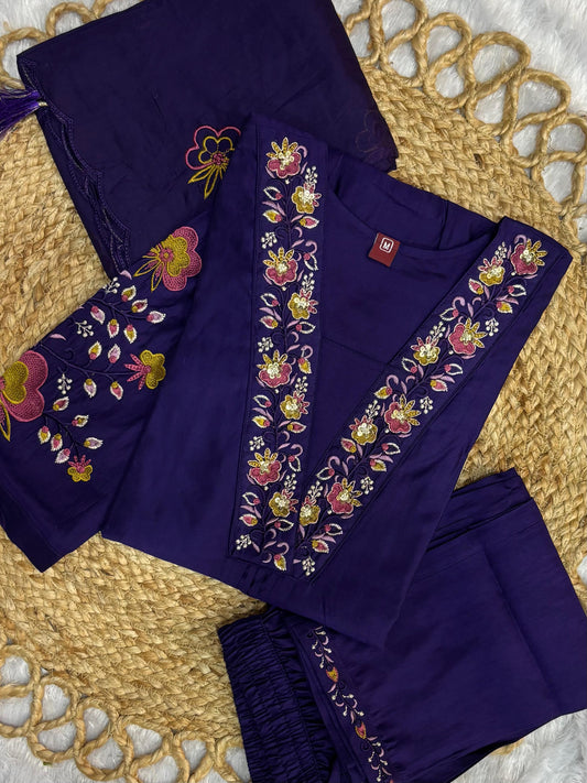 Elegant Royal Purple Embroidered Viscose Marina Silk Kurti Pant Dupatta Set