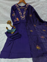 Elegant Royal Purple Embroidered Viscose Marina Silk Kurti Pant Dupatta Set