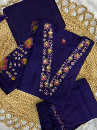 Elegant Royal Purple Embroidered Viscose Marina Silk Kurti Pant Dupatta Set
