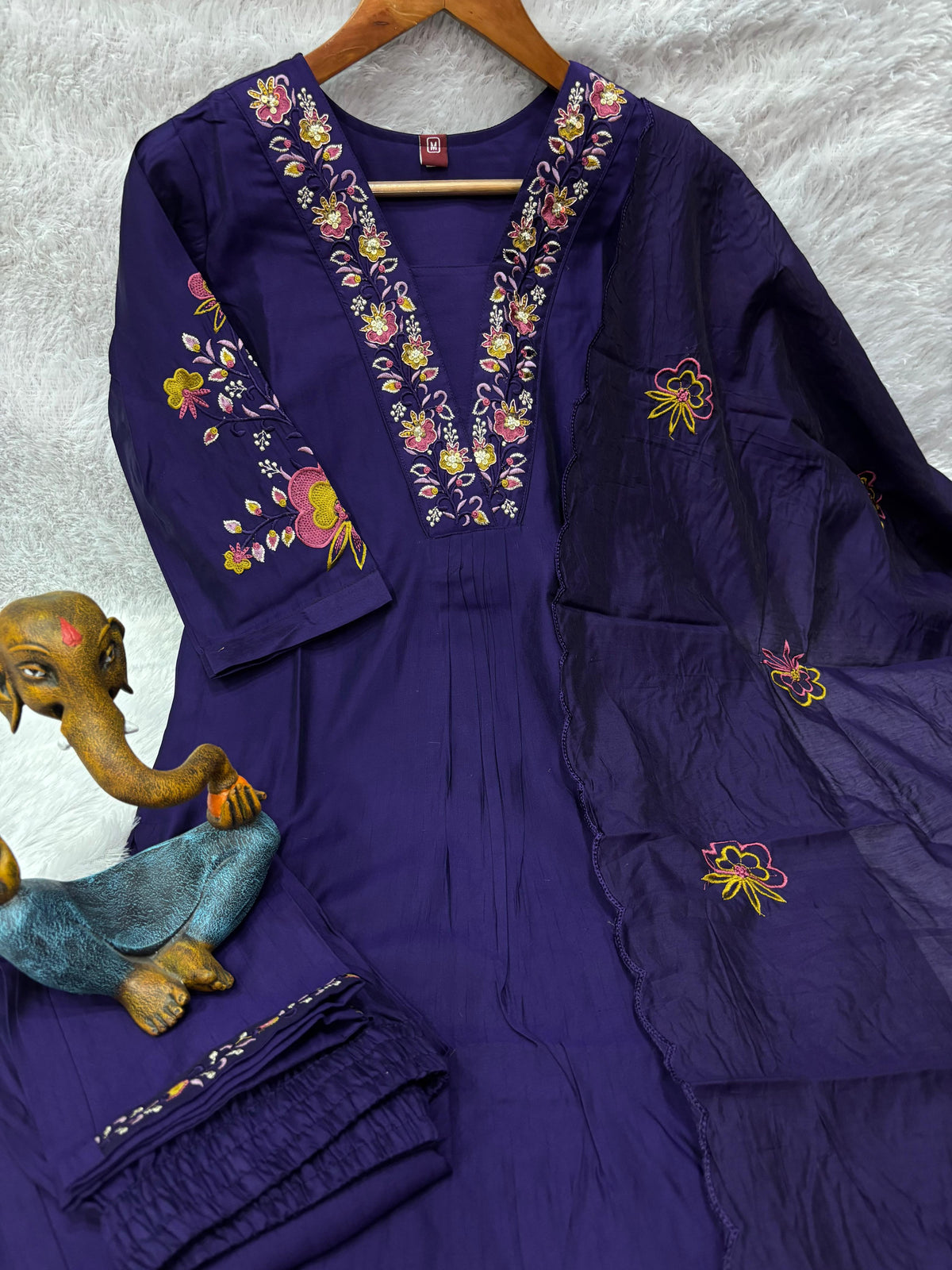 Elegant Royal Purple Embroidered Viscose Marina Silk Kurti Pant Dupatta Set