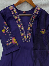 Elegant Royal Purple Embroidered Viscose Marina Silk Kurti Pant Dupatta Set