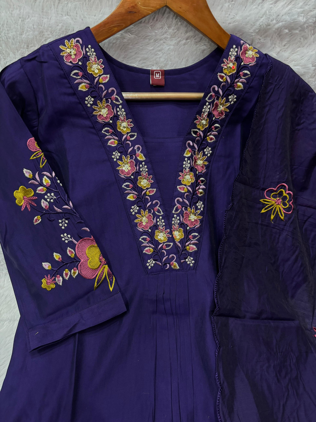 Elegant Royal Purple Embroidered Viscose Marina Silk Kurti Pant Dupatta Set