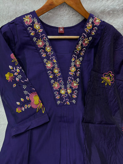 Elegant Royal Purple Embroidered Viscose Marina Silk Kurti Pant Dupatta Set