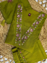 Graceful Olive Green Embroidered Viscose Marina Silk Kurti Pant Dupatta Set