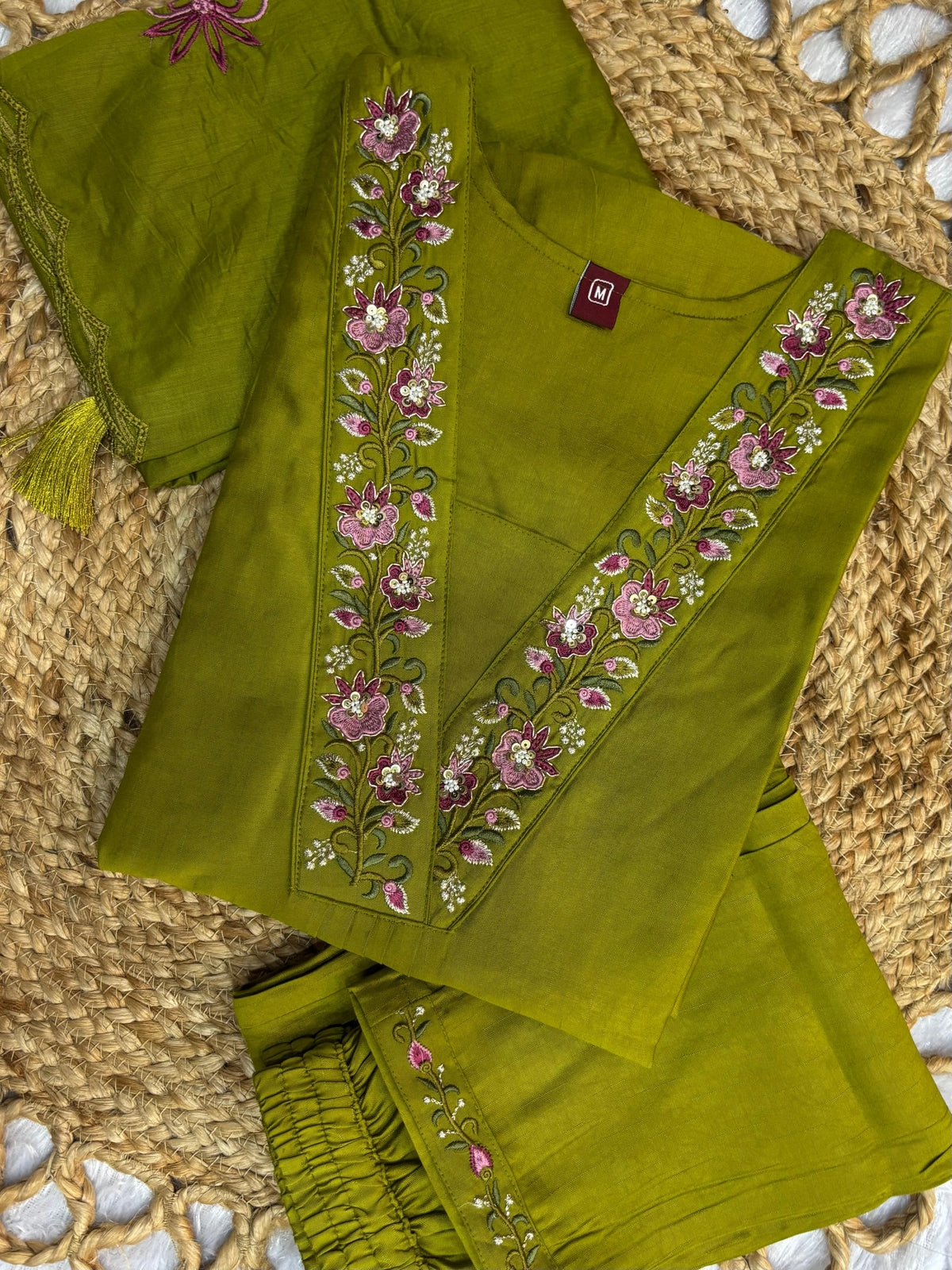 Graceful Olive Green Embroidered Viscose Marina Silk Kurti Pant Dupatta Set