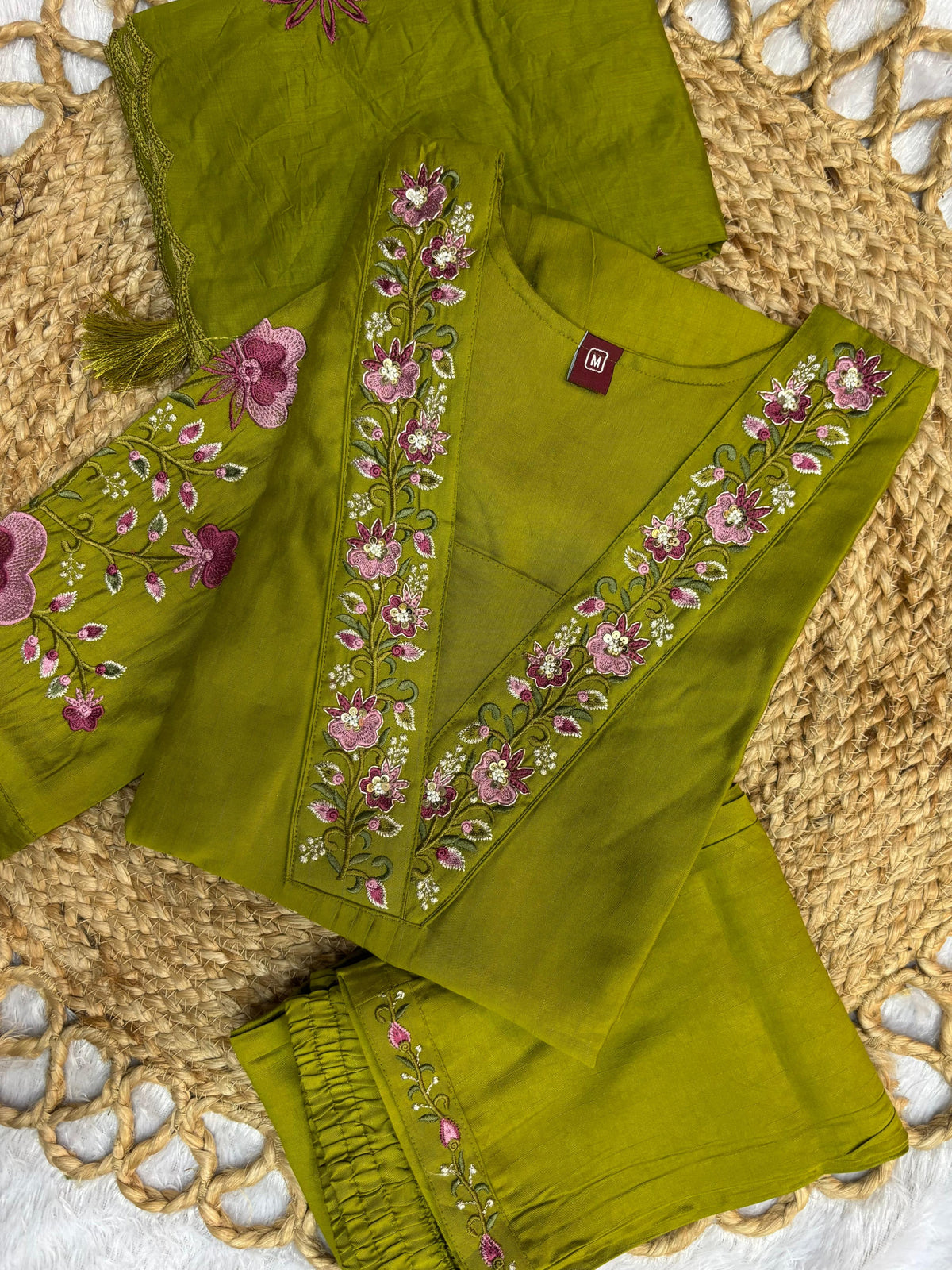 Graceful Olive Green Embroidered Viscose Marina Silk Kurti Pant Dupatta Set