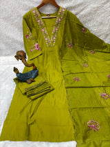 Graceful Olive Green Embroidered Viscose Marina Silk Kurti Pant Dupatta Set