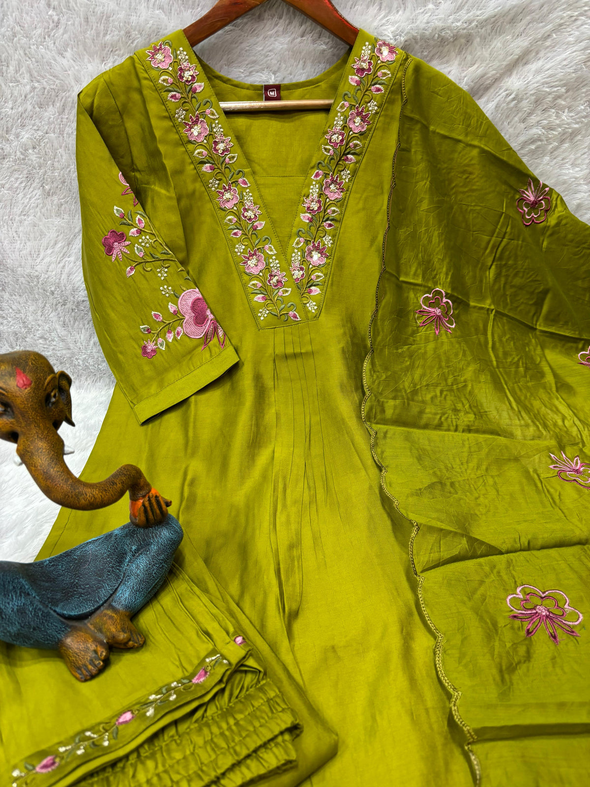 Graceful Olive Green Embroidered Viscose Marina Silk Kurti Pant Dupatta Set
