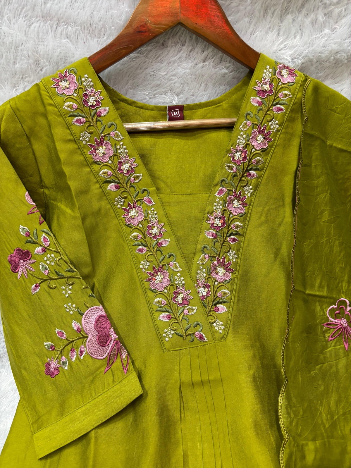 Graceful Olive Green Embroidered Viscose Marina Silk Kurti Pant Dupatta Set