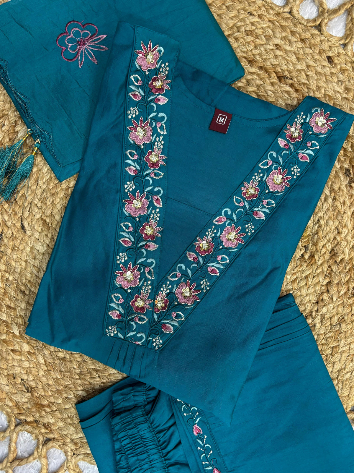 Elegant Teal Blue Embroidered Viscose Marina Silk Kurti Pant Dupatta Set