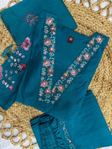 Elegant Teal Blue Embroidered Viscose Marina Silk Kurti Pant Dupatta Set