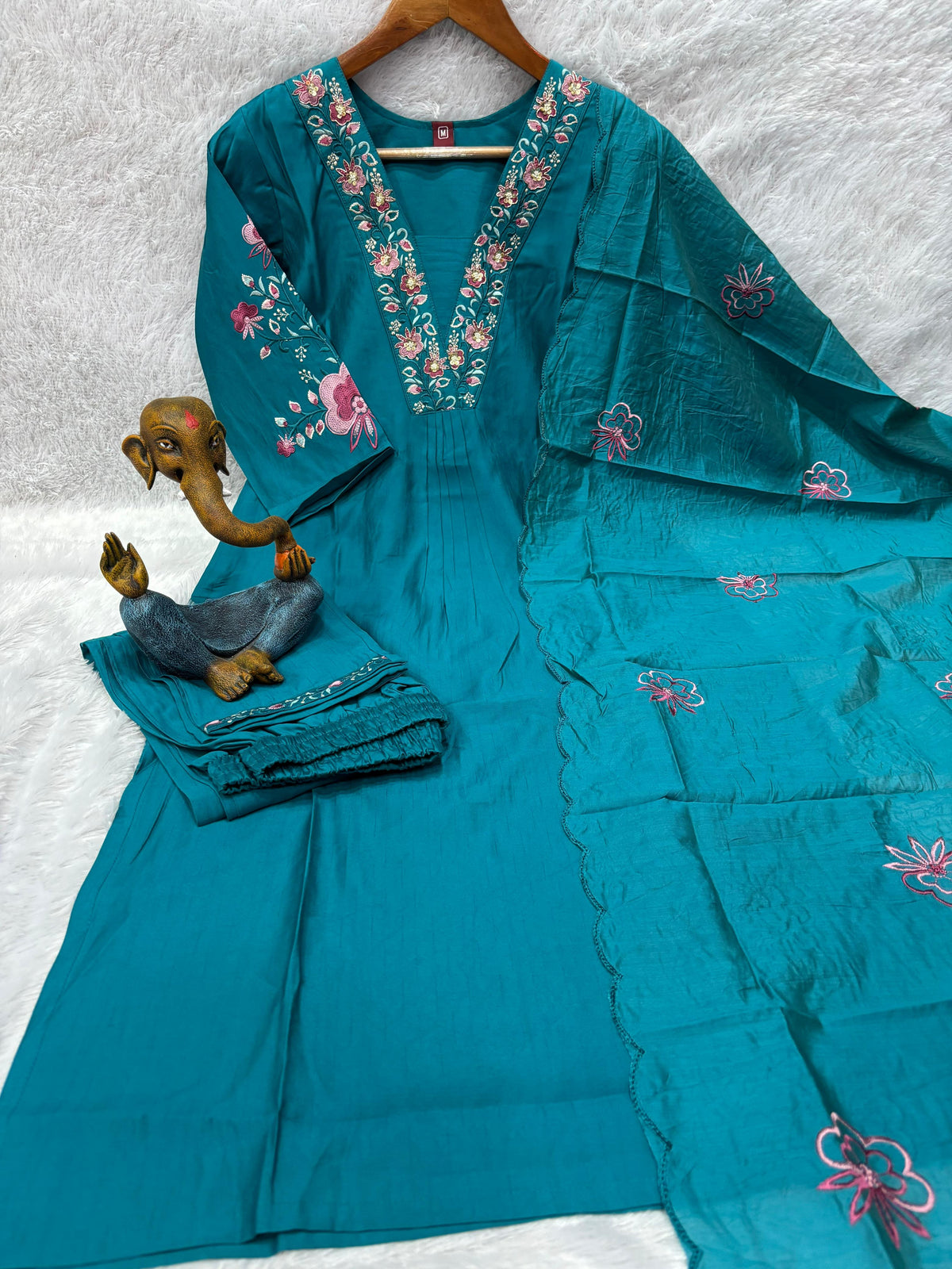 Elegant Teal Blue Embroidered Viscose Marina Silk Kurti Pant Dupatta Set