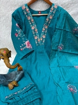 Elegant Teal Blue Embroidered Viscose Marina Silk Kurti Pant Dupatta Set