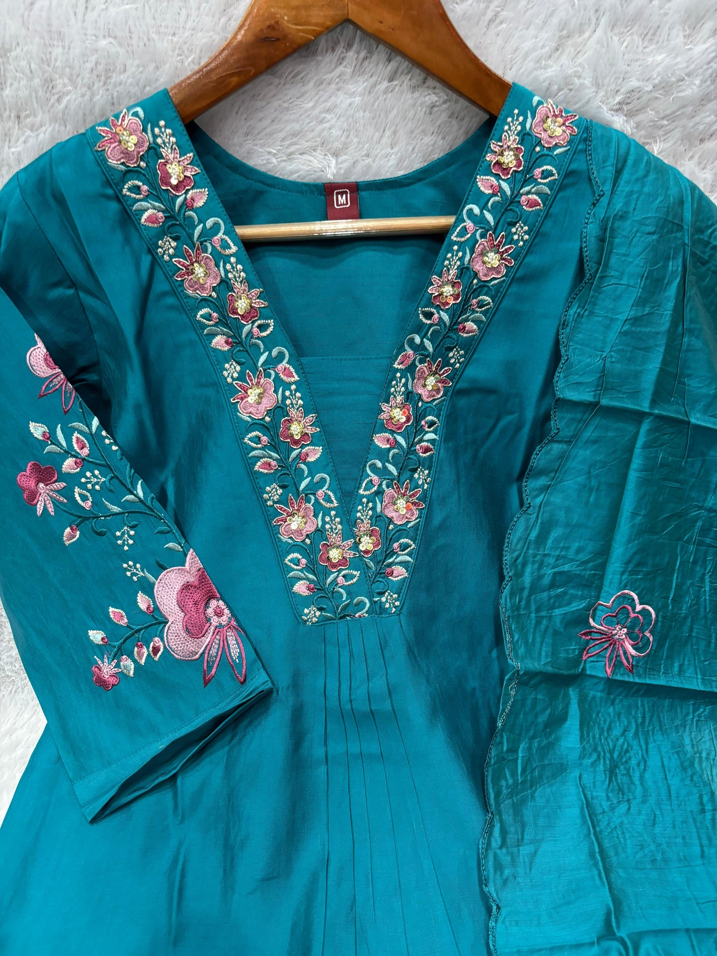 Elegant Teal Blue Embroidered Viscose Marina Silk Kurti Pant Dupatta Set