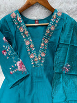 Elegant Teal Blue Embroidered Viscose Marina Silk Kurti Pant Dupatta Set