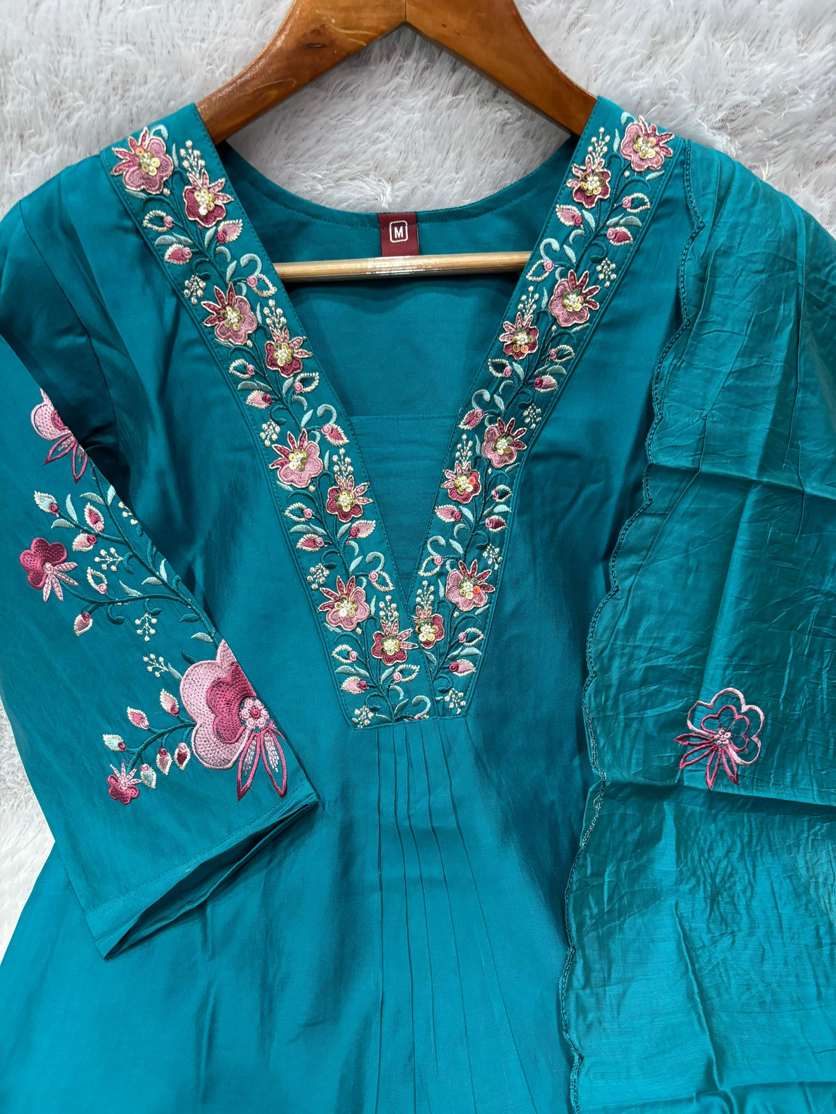 Elegant Teal Blue Embroidered Viscose Marina Silk Kurti Pant Dupatta Set