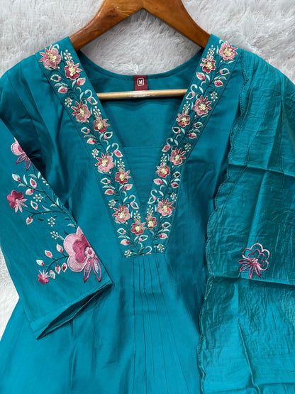Elegant Teal Blue Embroidered Viscose Marina Silk Kurti Pant Dupatta Set