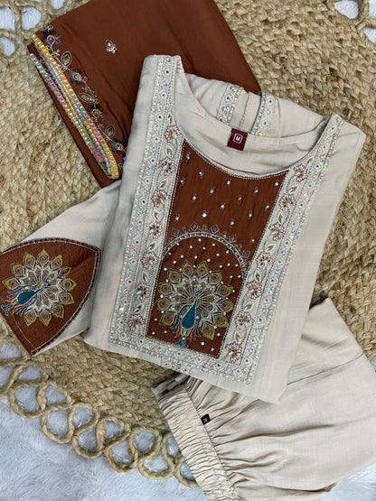 Elegant Cream Roman Silk Kurti Set