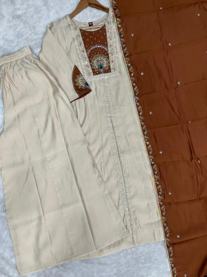 Elegant Cream Roman Silk Kurti Set
