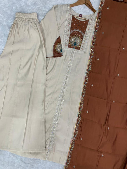 Elegant Cream Roman Silk Kurti Set