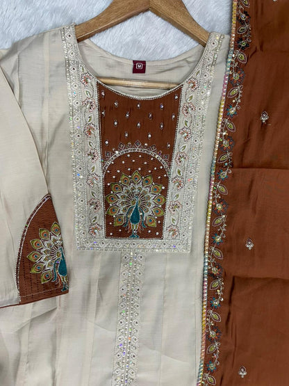 Elegant Cream Roman Silk Kurti Set