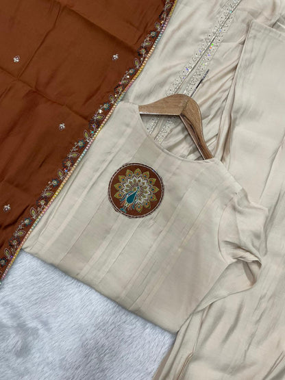 Elegant Cream Roman Silk Kurti Set