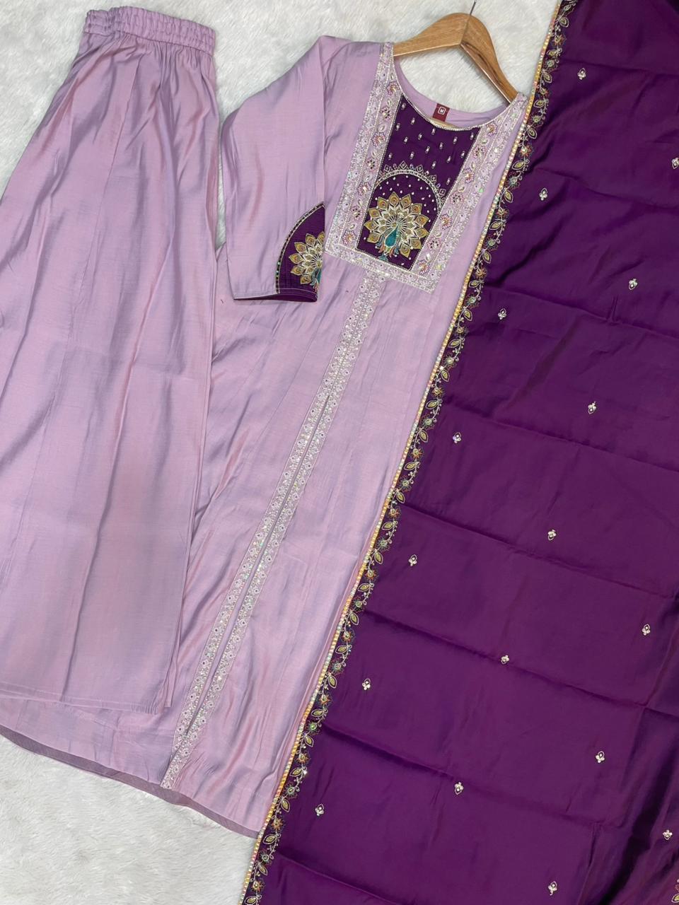 Elegant Light Lovender Roman Silk Kurti Set